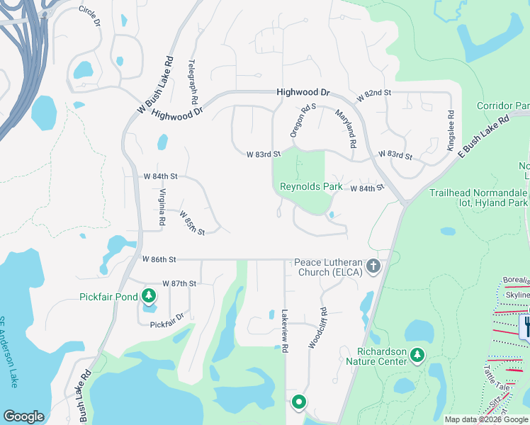map of restaurants, bars, coffee shops, grocery stores, and more near 8430 Pennsylvania Road in Bloomington