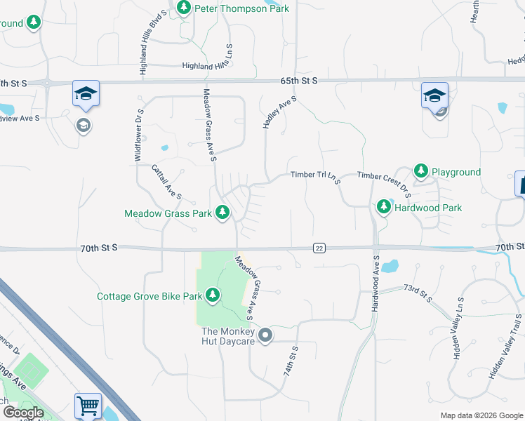 map of restaurants, bars, coffee shops, grocery stores, and more near 6810 Meadow Grass Lane South in Cottage Grove