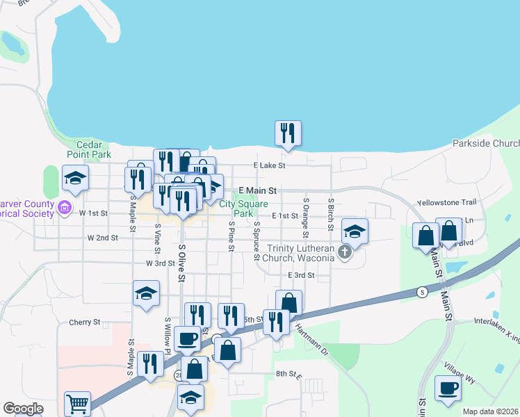 map of restaurants, bars, coffee shops, grocery stores, and more near 201 East Main Street in Waconia
