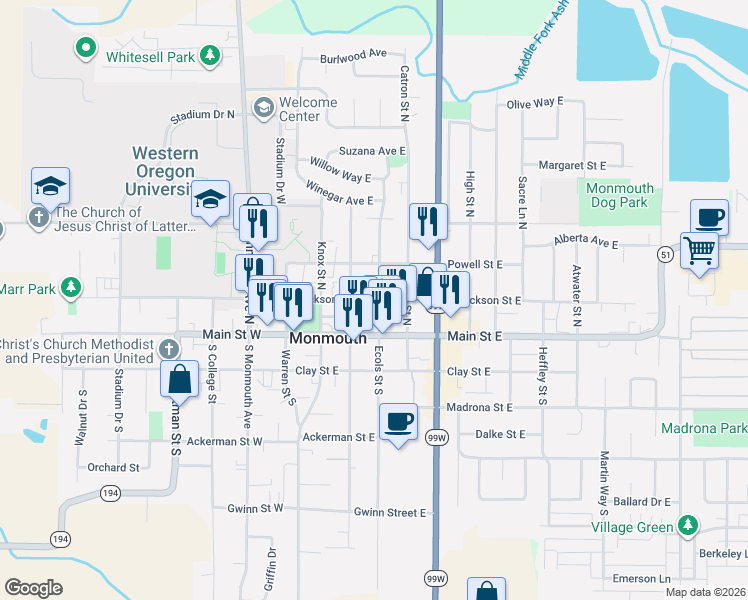 map of restaurants, bars, coffee shops, grocery stores, and more near 239 Broad Street North in Monmouth