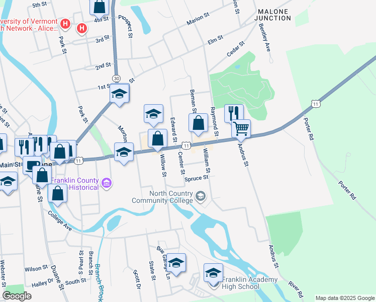 map of restaurants, bars, coffee shops, grocery stores, and more near 575 E Main St in Malone