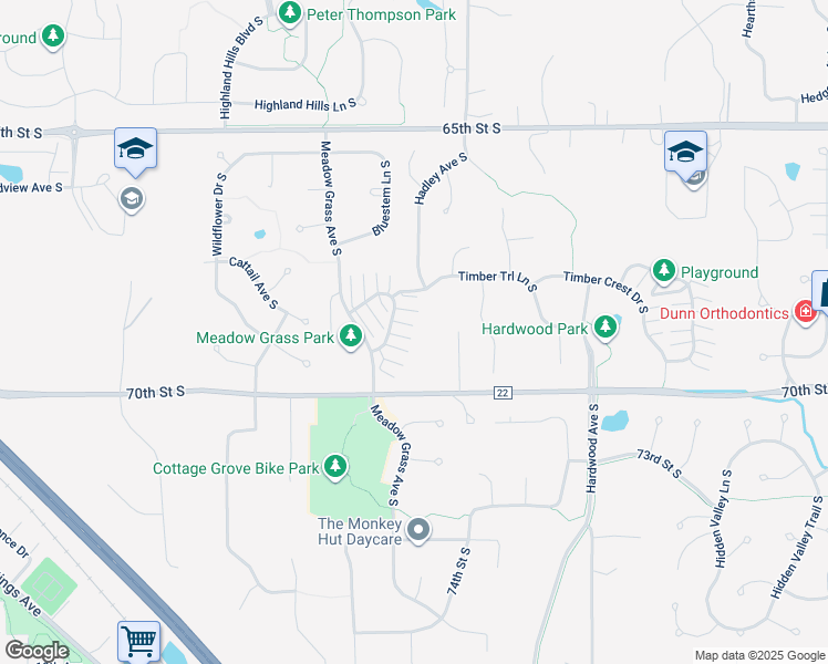 map of restaurants, bars, coffee shops, grocery stores, and more near 6810 Meadow Grass Lane South in Cottage Grove