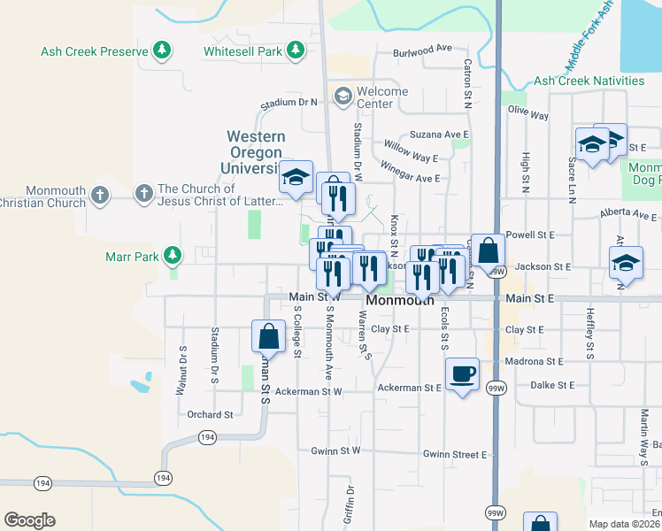 map of restaurants, bars, coffee shops, grocery stores, and more near Monmouth Ave N & Jackson St W in Monmouth