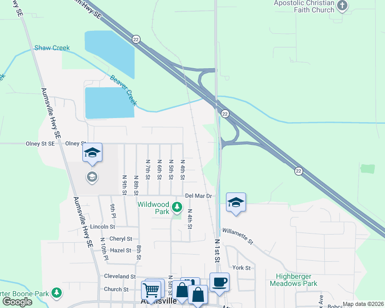 map of restaurants, bars, coffee shops, grocery stores, and more near 375 Darla Court in Aumsville
