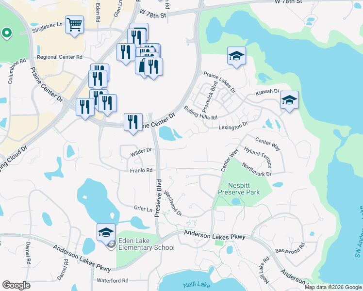 map of restaurants, bars, coffee shops, grocery stores, and more near 11260 Providence Lane in Eden Prairie