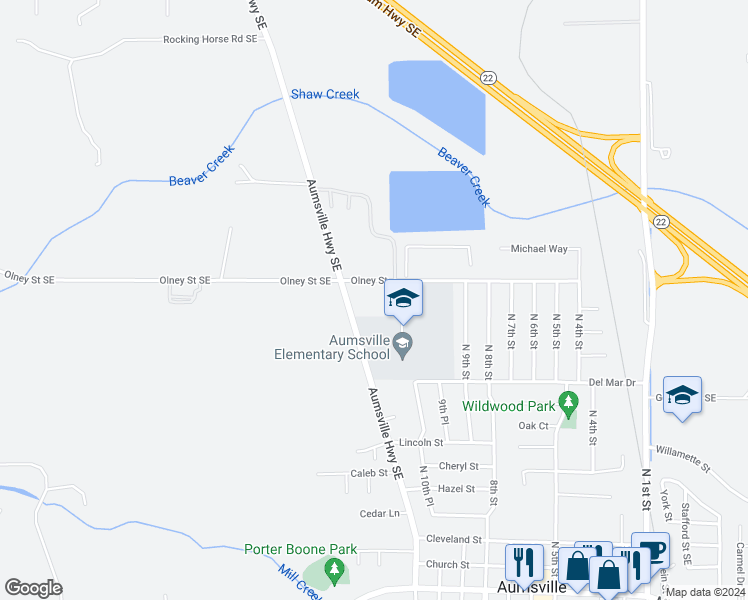 map of restaurants, bars, coffee shops, grocery stores, and more near 904 Olney Street in Aumsville