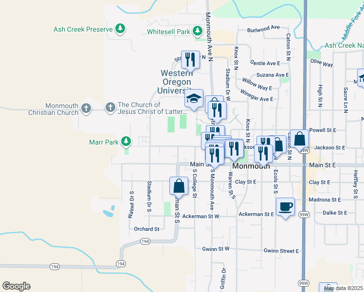 map of restaurants, bars, coffee shops, grocery stores, and more near 377 Jackson Street West in Monmouth
