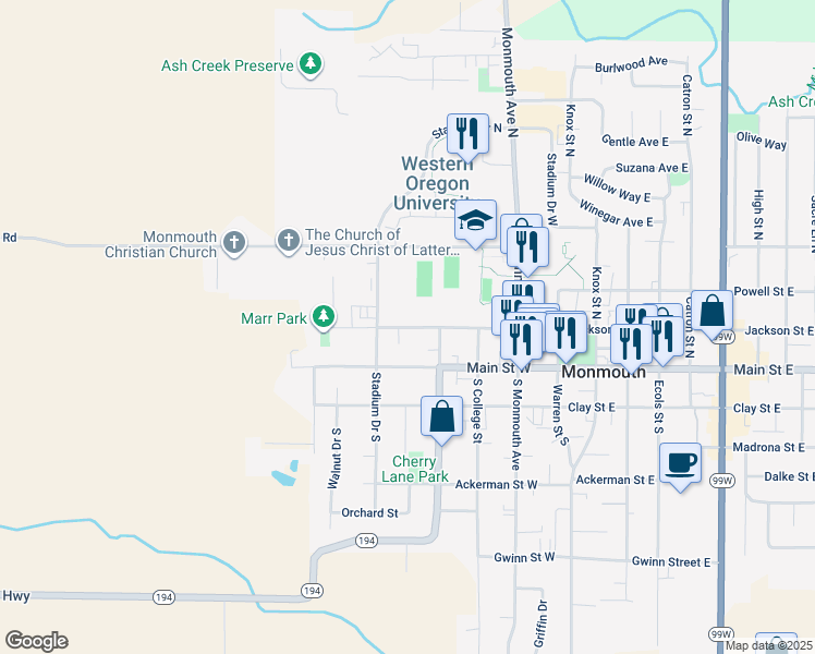 map of restaurants, bars, coffee shops, grocery stores, and more near 475 Jackson Street West in Monmouth