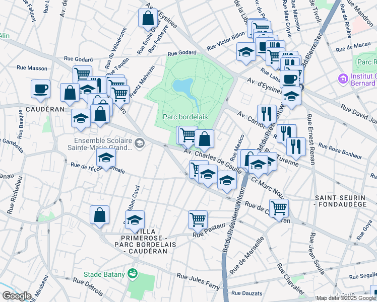 map of restaurants, bars, coffee shops, grocery stores, and more near 106 Avenue Charles de Gaulle in Bordeaux