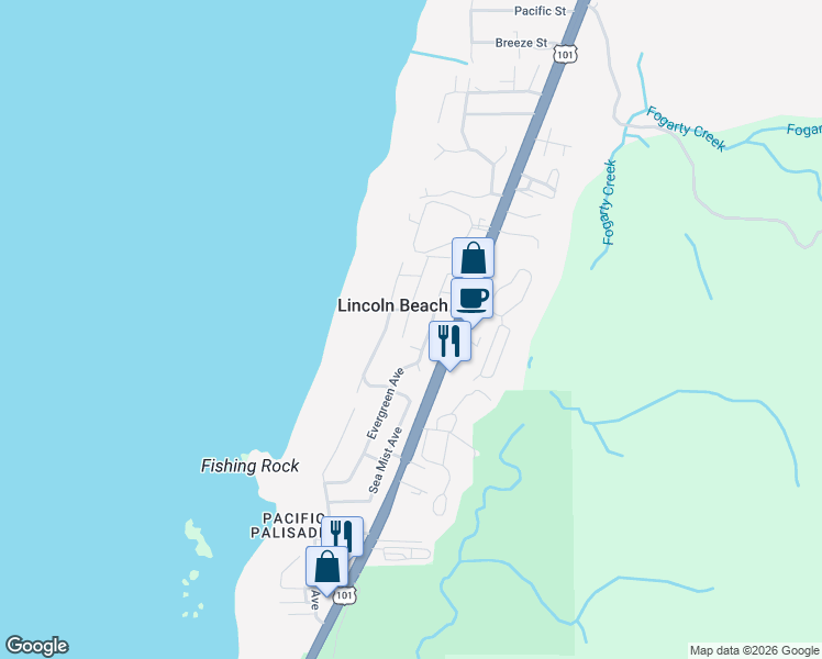 map of restaurants, bars, coffee shops, grocery stores, and more near 3965 Evergreen Avenue in Depoe Bay