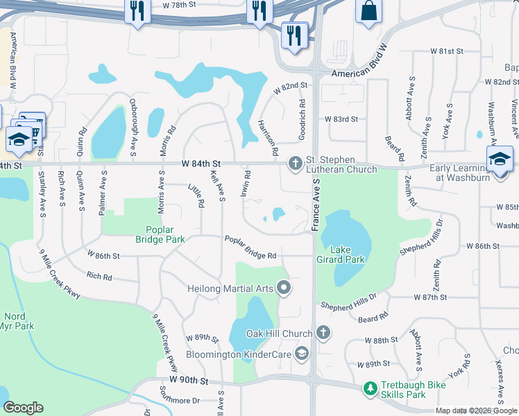 map of restaurants, bars, coffee shops, grocery stores, and more near 8433 Irwin Road in Minneapolis