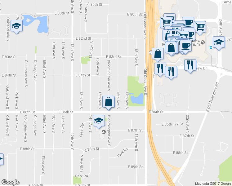map of restaurants, bars, coffee shops, grocery stores, and more near 8446 16th Avenue South in Bloomington