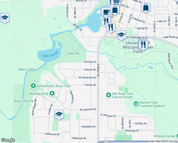 map of restaurants, bars, coffee shops, grocery stores, and more near 803 State Street in River Falls