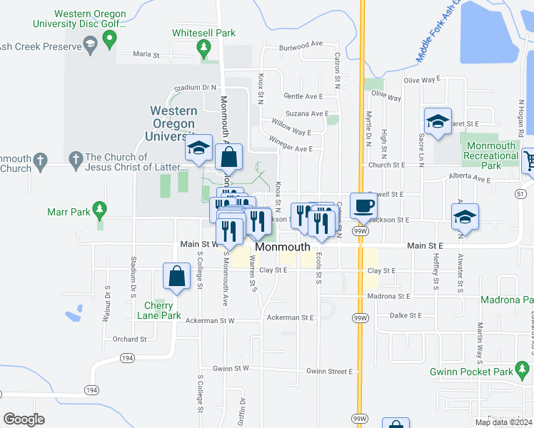map of restaurants, bars, coffee shops, grocery stores, and more near 166 Jackson Street East in Monmouth