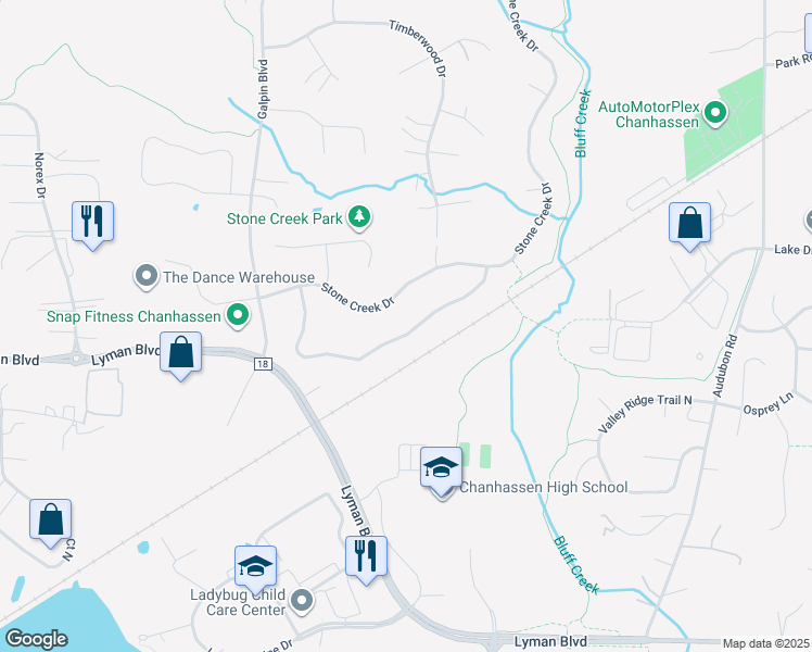 map of restaurants, bars, coffee shops, grocery stores, and more near 2162 Boulder Road in Chanhassen