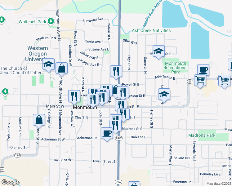 map of restaurants, bars, coffee shops, grocery stores, and more near 220 Pacific Avenue North in Monmouth