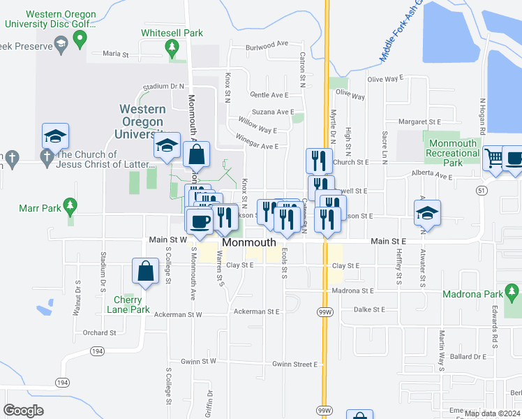 map of restaurants, bars, coffee shops, grocery stores, and more near 222 Broad Street North in Monmouth