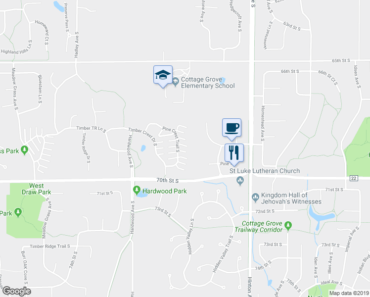 map of restaurants, bars, coffee shops, grocery stores, and more near 6775 Pine Crest Trail South in Cottage Grove