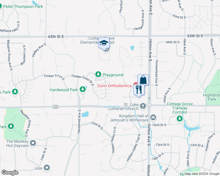 map of restaurants, bars, coffee shops, grocery stores, and more near 6775 Pine Crest Trail South in Cottage Grove