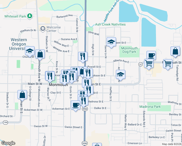 map of restaurants, bars, coffee shops, grocery stores, and more near 674 Jackson Street East in Monmouth