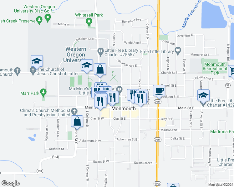 map of restaurants, bars, coffee shops, grocery stores, and more near 225 Warren Street North in Monmouth