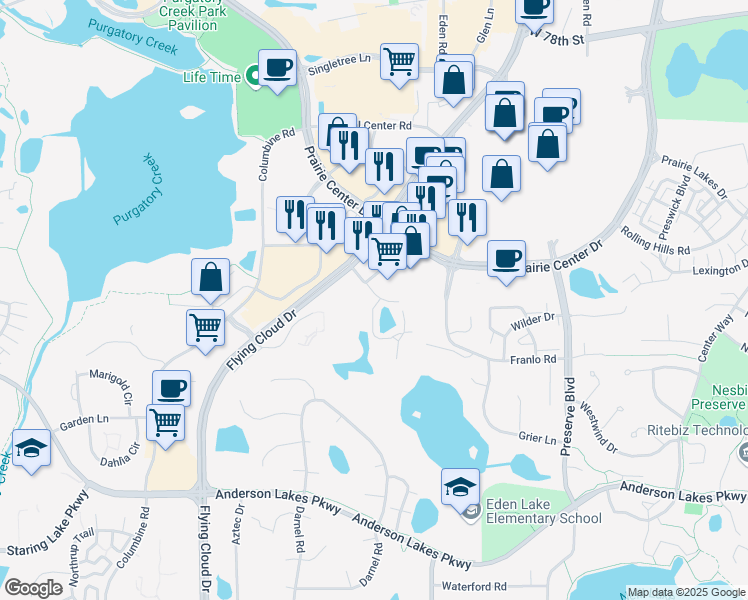 map of restaurants, bars, coffee shops, grocery stores, and more near Medcom Blvd in Eden Prairie