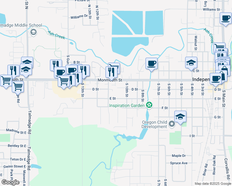 map of restaurants, bars, coffee shops, grocery stores, and more near 1050 E Street in Independence