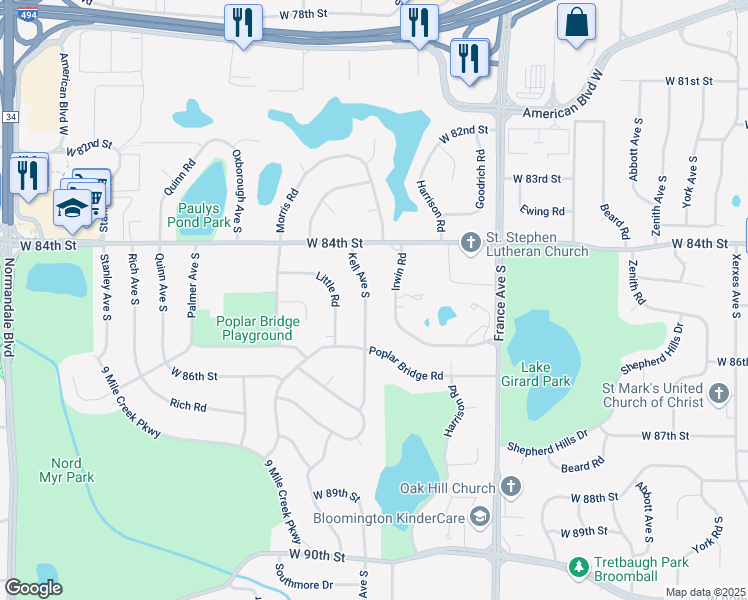 map of restaurants, bars, coffee shops, grocery stores, and more near 8443 Kell Avenue South in Minneapolis