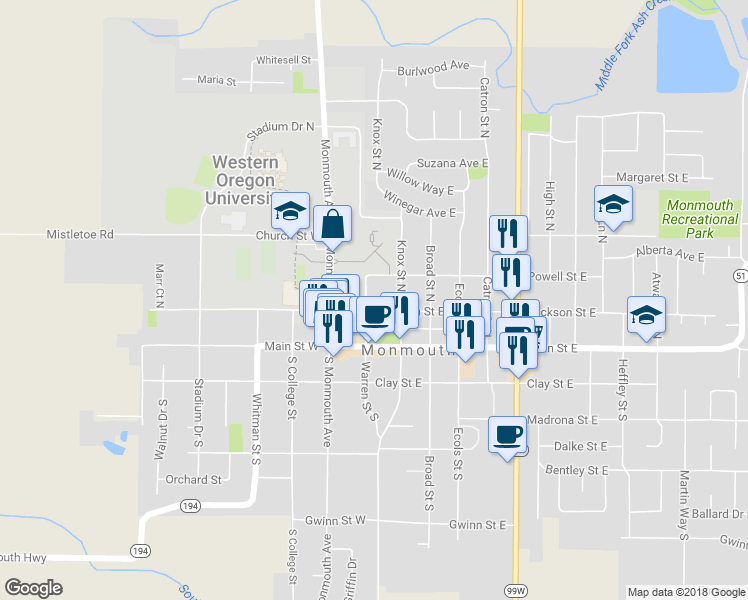 map of restaurants, bars, coffee shops, grocery stores, and more near 225 Warren Street North in Monmouth