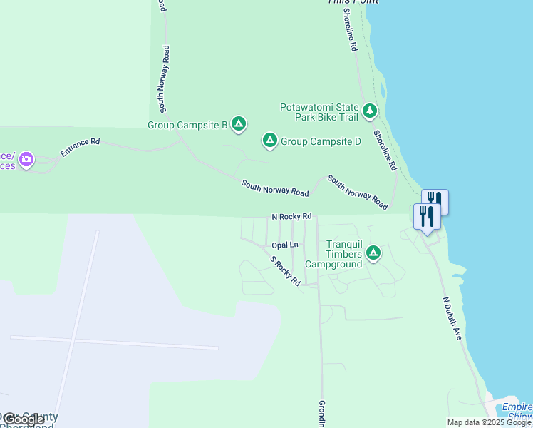map of restaurants, bars, coffee shops, grocery stores, and more near 6606 North Rocky Road in Sturgeon Bay