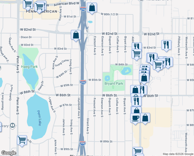 map of restaurants, bars, coffee shops, grocery stores, and more near 8445 Fremont Avenue South in Minneapolis