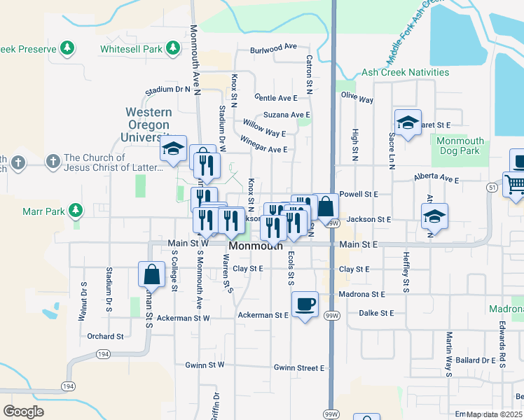 map of restaurants, bars, coffee shops, grocery stores, and more near 251 Knox Street North in Monmouth