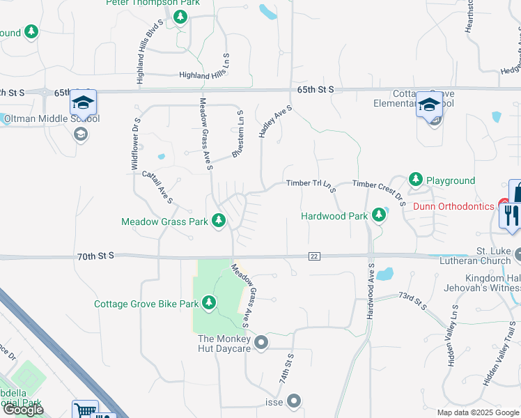 map of restaurants, bars, coffee shops, grocery stores, and more near 7000 70th Street South in Cottage Grove