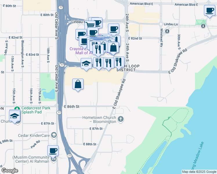 map of restaurants, bars, coffee shops, grocery stores, and more near 2324 East Old Shakopee Road in Bloomington