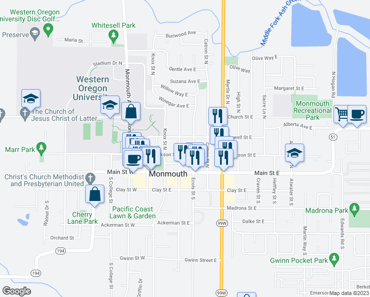 map of restaurants, bars, coffee shops, grocery stores, and more near 239 Broad Street North in Monmouth