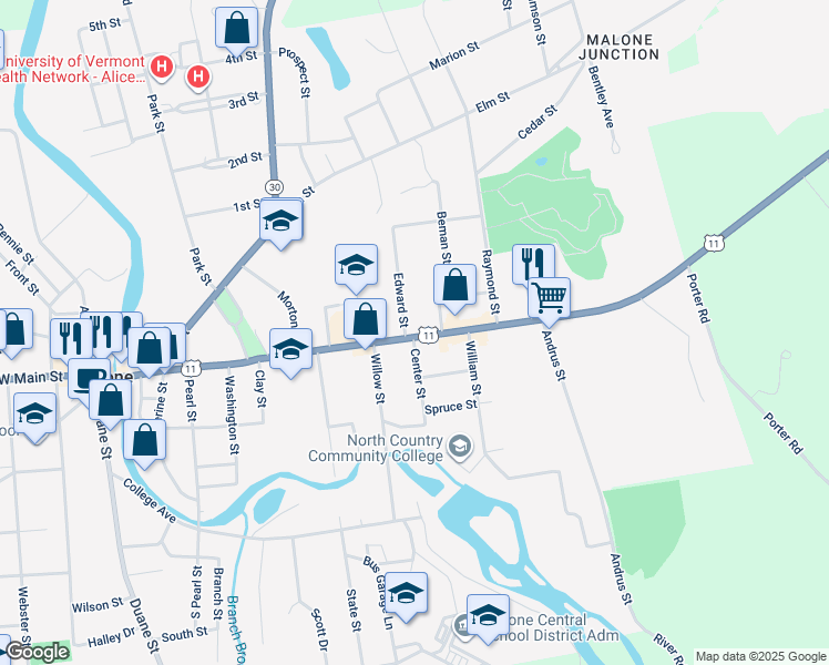 map of restaurants, bars, coffee shops, grocery stores, and more near 575 East Main Street in Malone