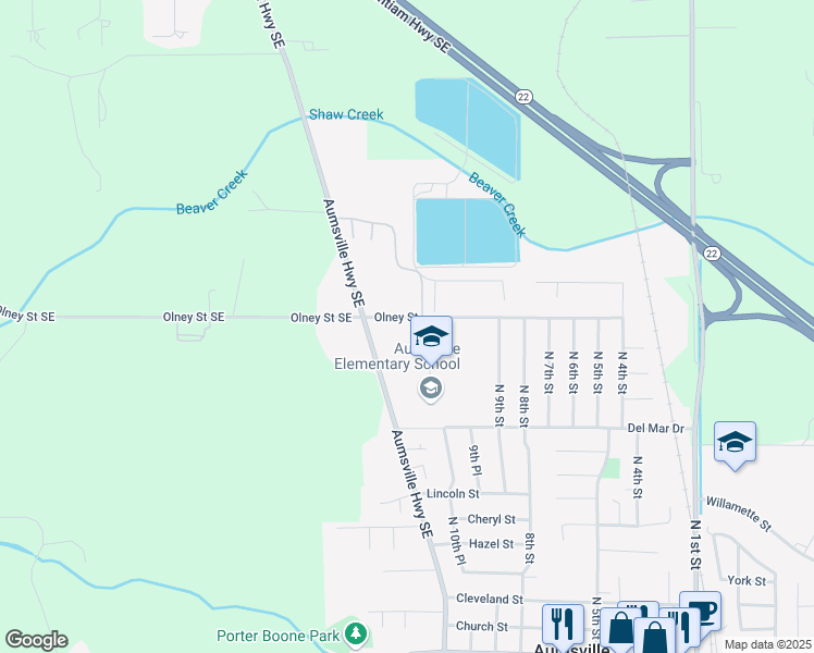 map of restaurants, bars, coffee shops, grocery stores, and more near 904 Olney Street in Aumsville