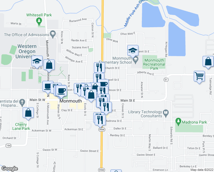 map of restaurants, bars, coffee shops, grocery stores, and more near 652 Jackson Street East in Monmouth