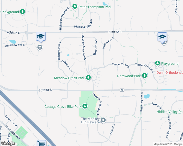 map of restaurants, bars, coffee shops, grocery stores, and more near 6823 Meadow Grass Lane South in Cottage Grove