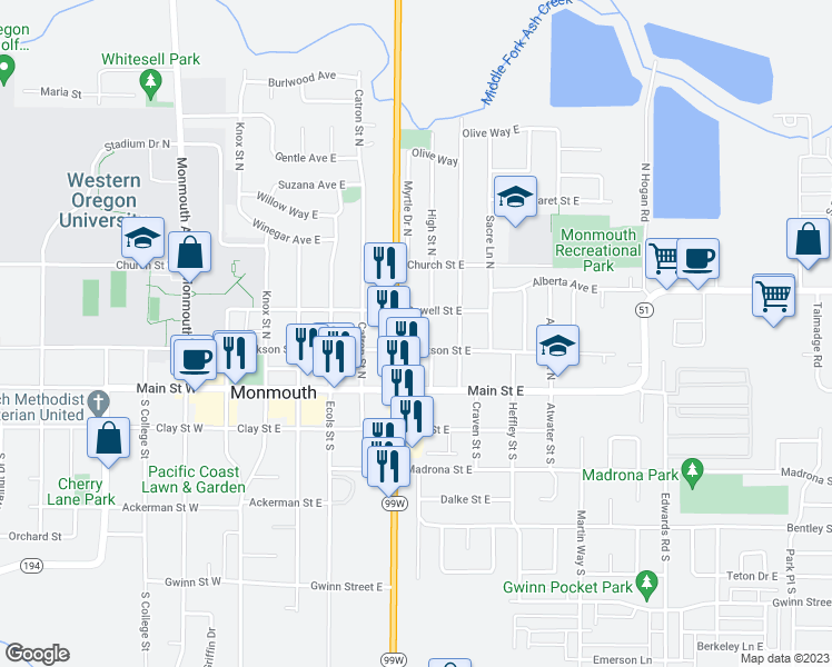 map of restaurants, bars, coffee shops, grocery stores, and more near 676 Jackson Street East in Monmouth