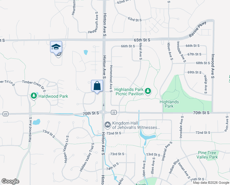 map of restaurants, bars, coffee shops, grocery stores, and more near 6907 Homestead Avenue South in Cottage Grove
