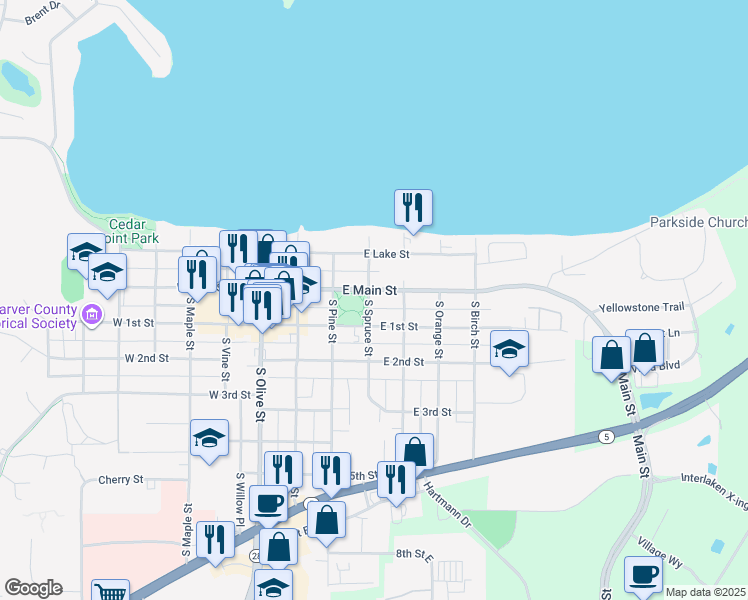 map of restaurants, bars, coffee shops, grocery stores, and more near 201 East Main Street in Waconia