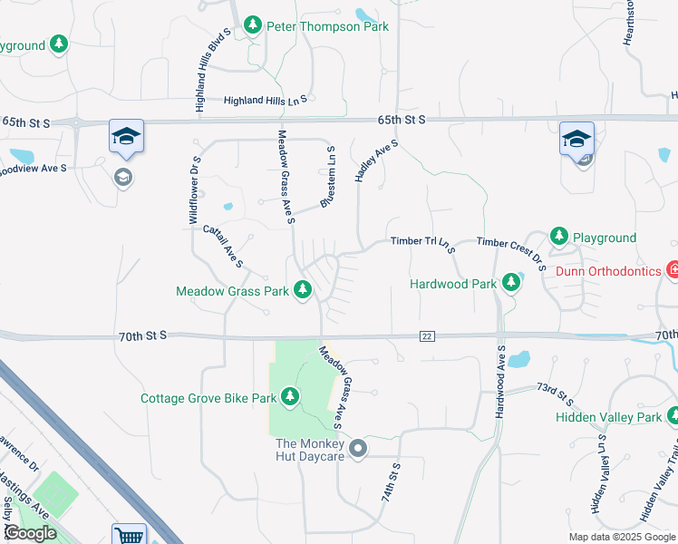 map of restaurants, bars, coffee shops, grocery stores, and more near 6812 Meadow Grass Lane South in Cottage Grove