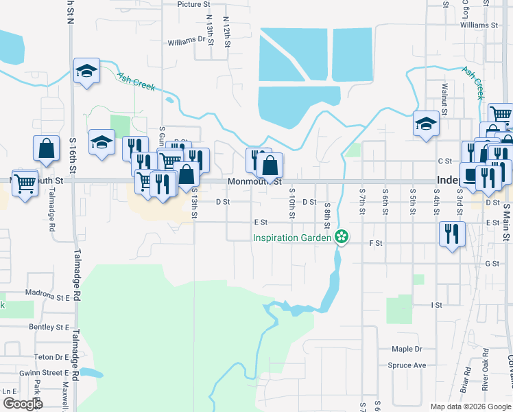 map of restaurants, bars, coffee shops, grocery stores, and more near 1050 E Street in Independence