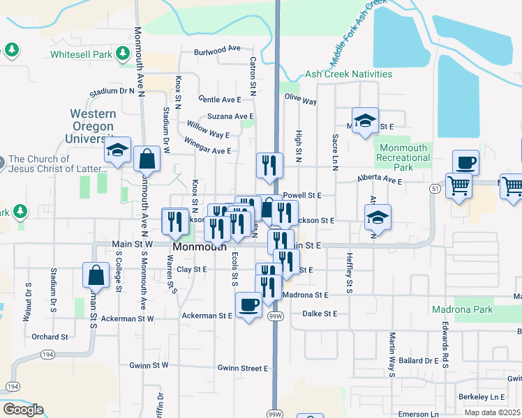 map of restaurants, bars, coffee shops, grocery stores, and more near 220 Pacific Avenue North in Monmouth
