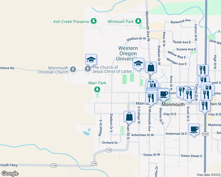 map of restaurants, bars, coffee shops, grocery stores, and more near 262 Stadium Drive North in Monmouth