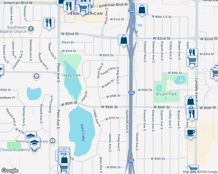 map of restaurants, bars, coffee shops, grocery stores, and more near 1717 West 84th Street in Bloomington