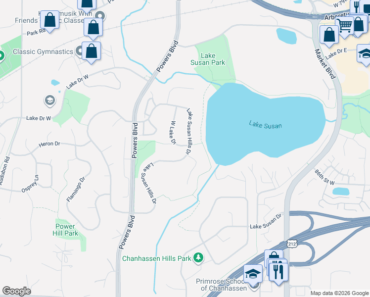 map of restaurants, bars, coffee shops, grocery stores, and more near 931 Lake Susan Hills Drive in Chanhassen
