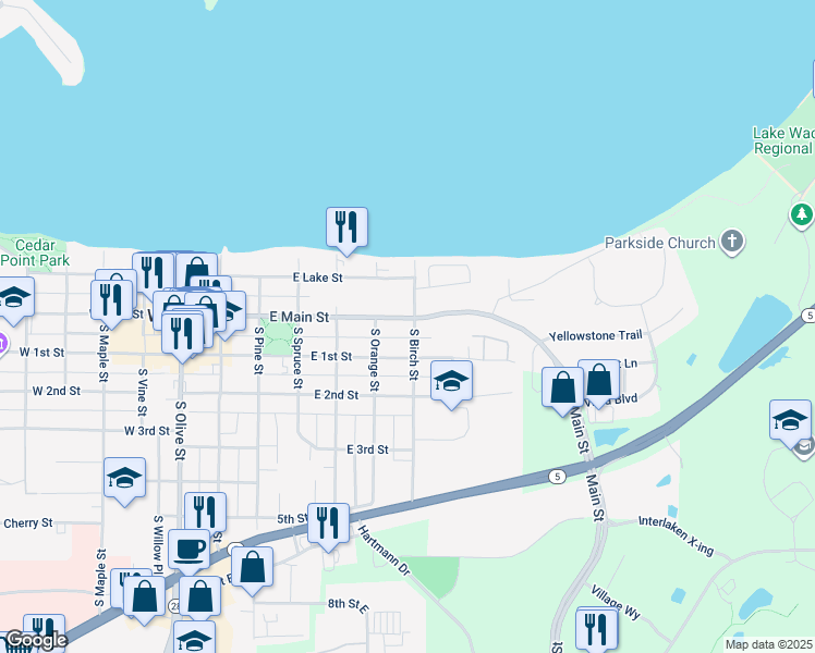 map of restaurants, bars, coffee shops, grocery stores, and more near 453 East Main Street in Waconia
