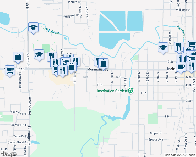 map of restaurants, bars, coffee shops, grocery stores, and more near 1143 D Street in Independence